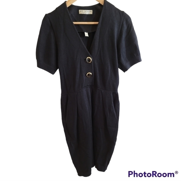 St. John Dresses & Skirts - St. John Black Dress 4 Button Chest Puff Sleeve V-neck Flaw